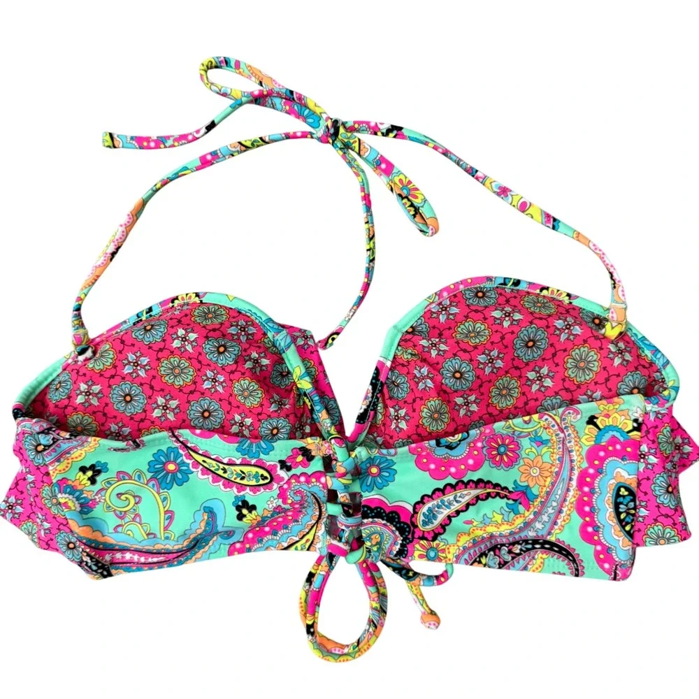 InMocean Womens XL Bikini Set Pink‎ Teal Paisley Floral Ruffle Halter Swimsuit